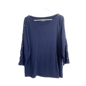 Talbots Blue Boat Neck Top Nautical Anchor Button Sleeves Cotton Casual Large